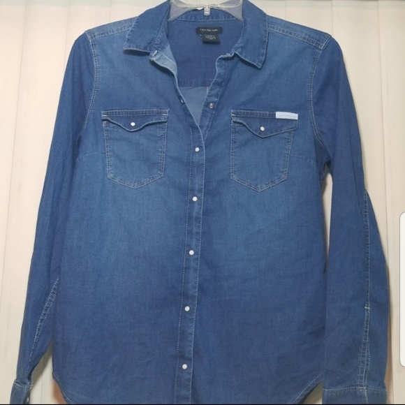 Calvin Klein long sleeve chambray denim pearl snap top women's Size S - Picture 5 of 5